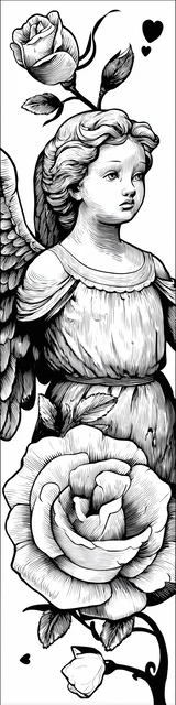 Free angel bookmark to color featuring roses angel with wings